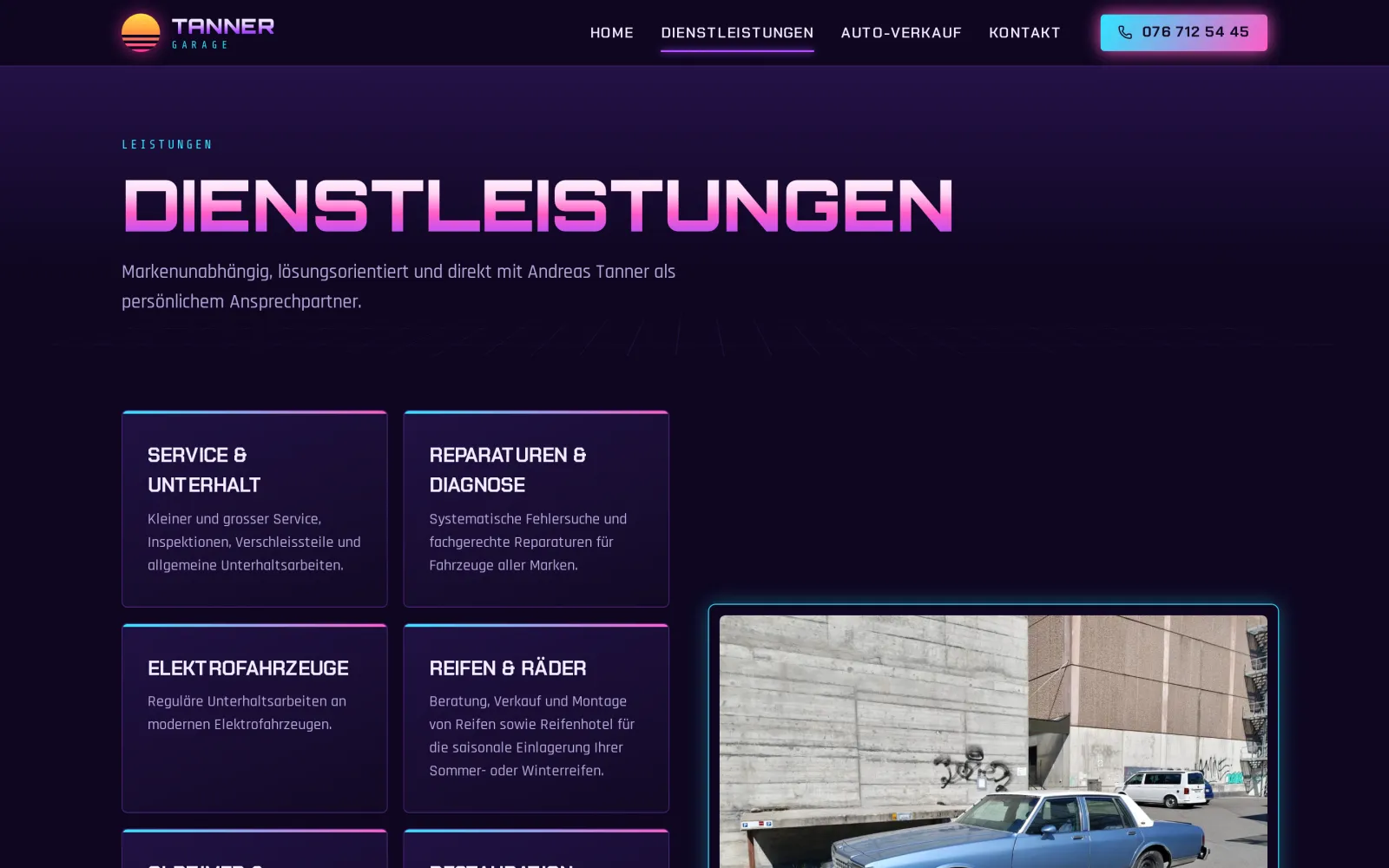 Die Dienstleistungsseite mit ihrem Neon-Kartenraster