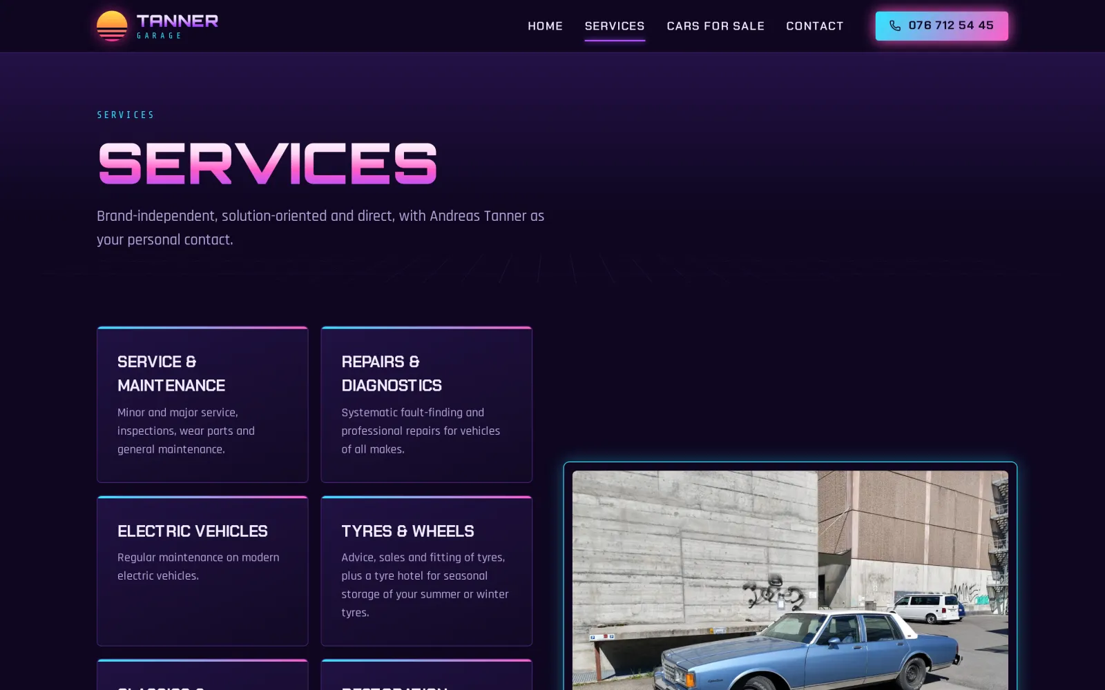 The services page, with its neon card grid