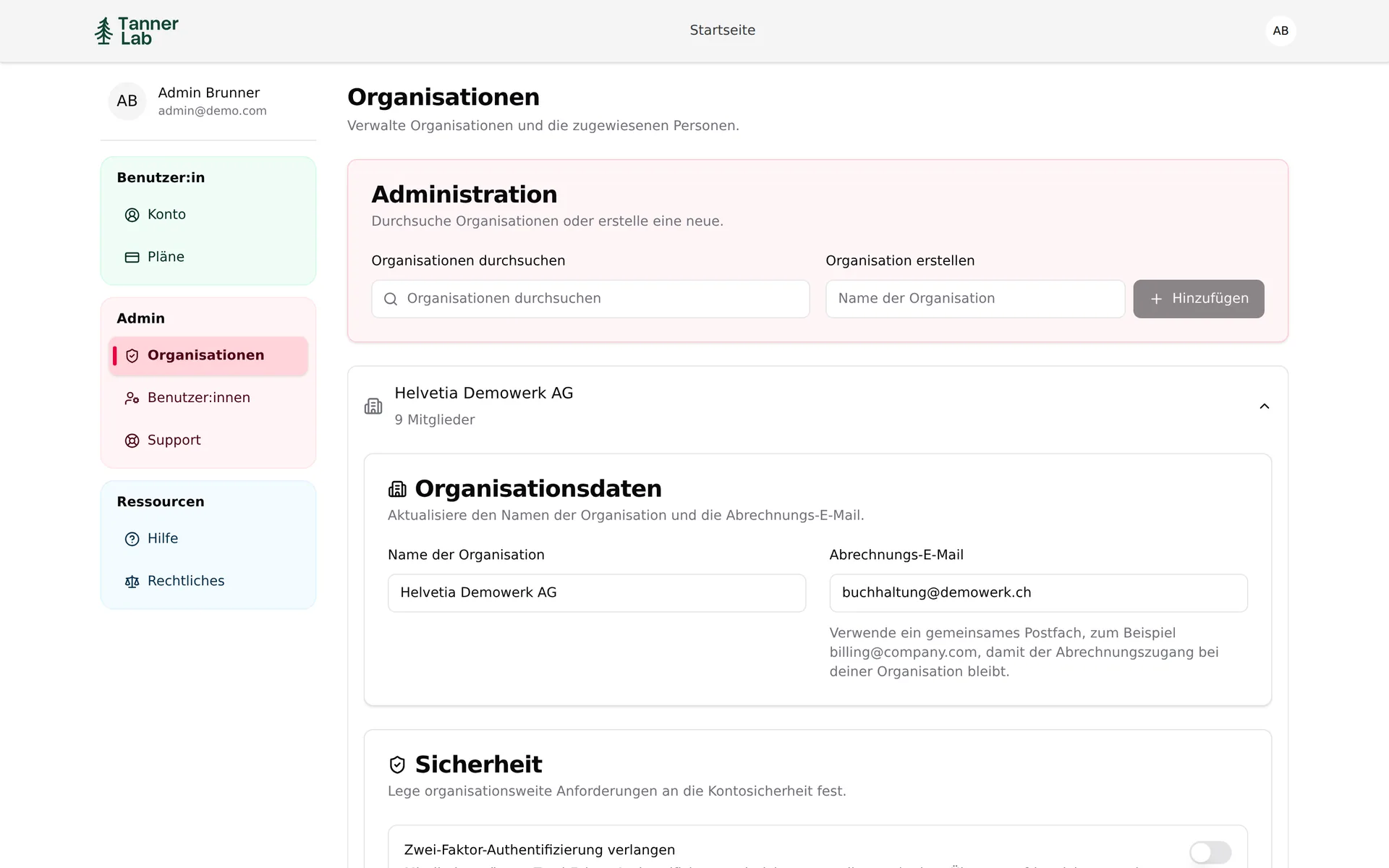 Übergreifende Administration über alle Organisationen