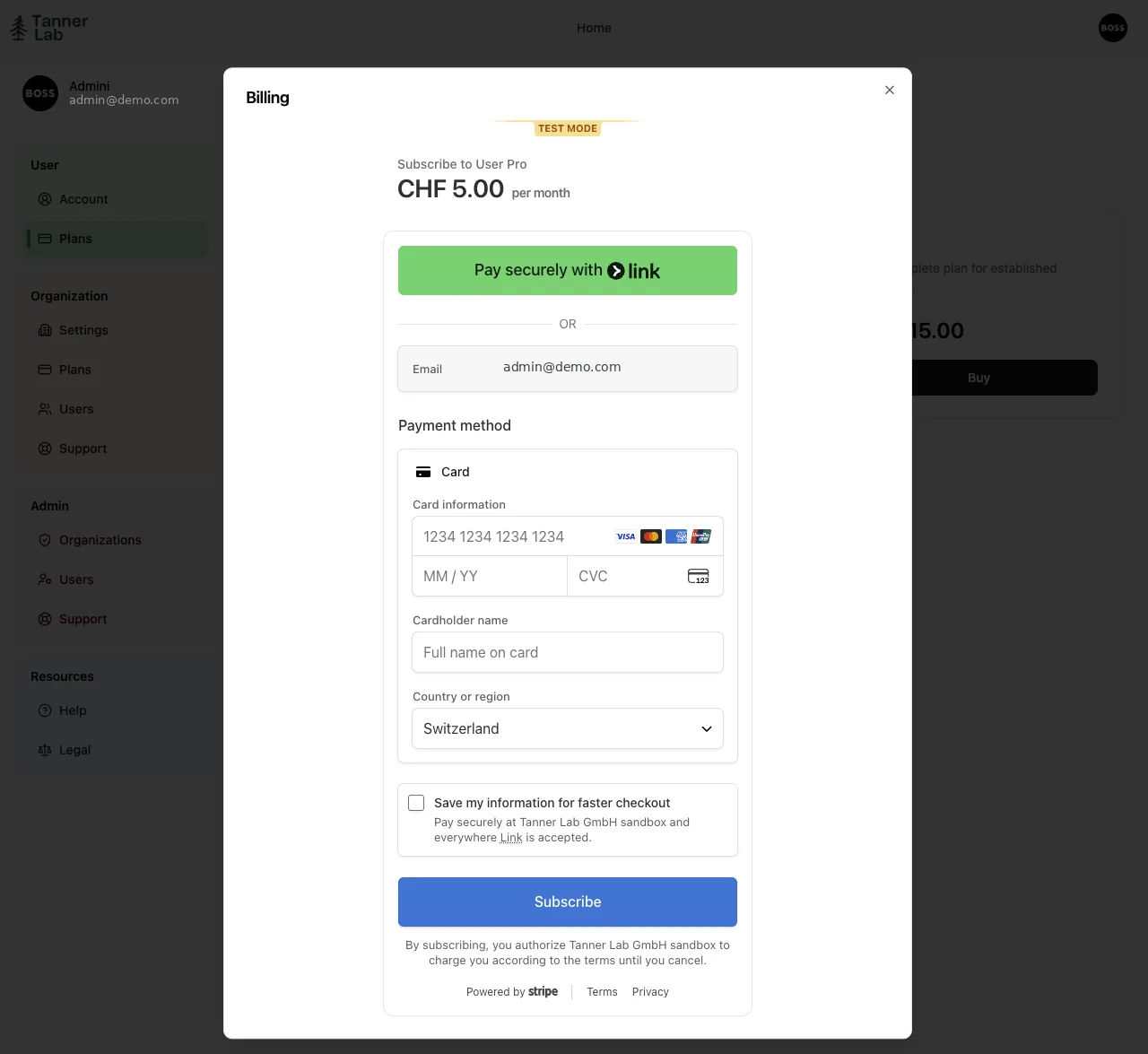 Bezahlen über Stripe oder Polar, mit Checkout im Testmodus